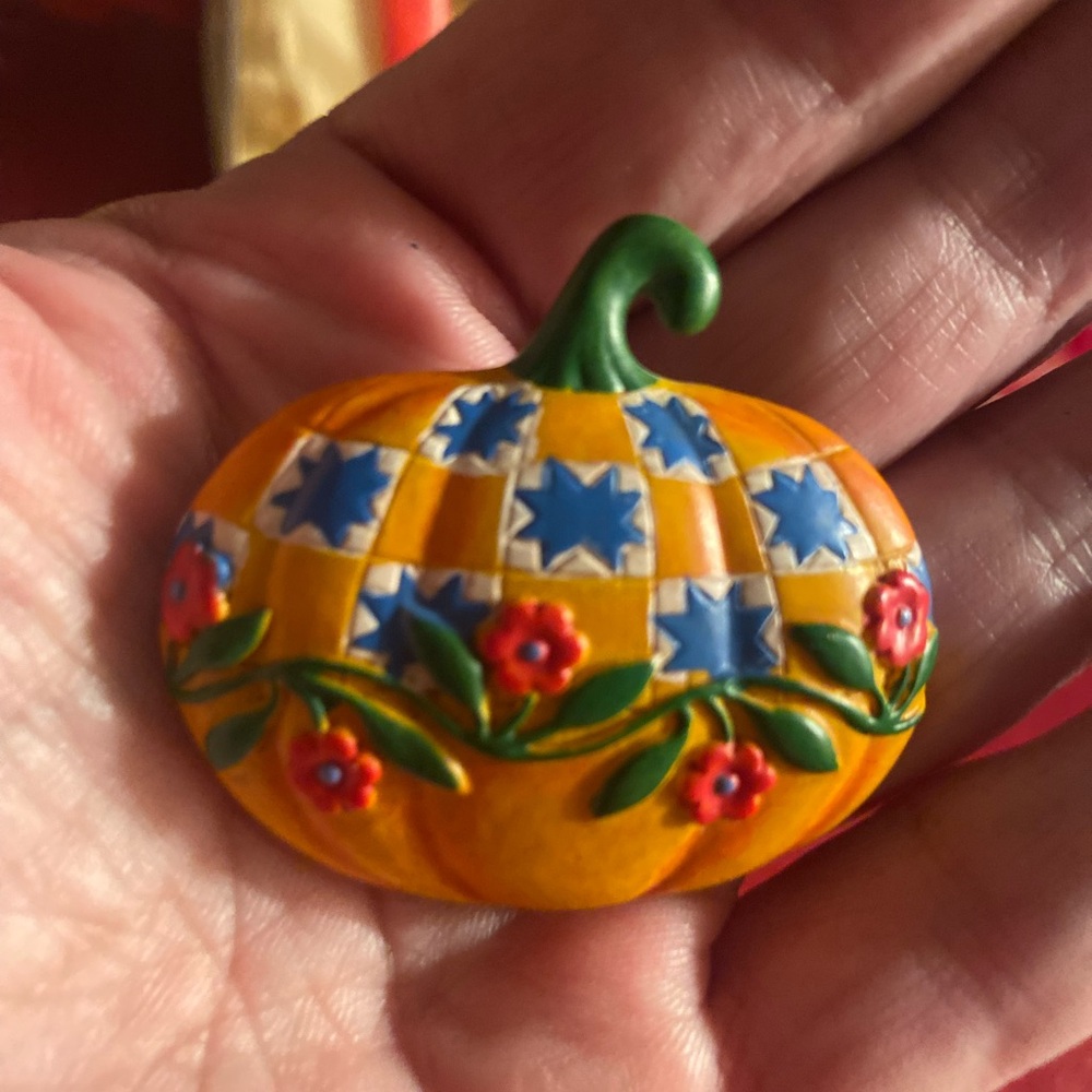 Pumpkin patchwork quilt style cottage core granny core resin brooch fall winter